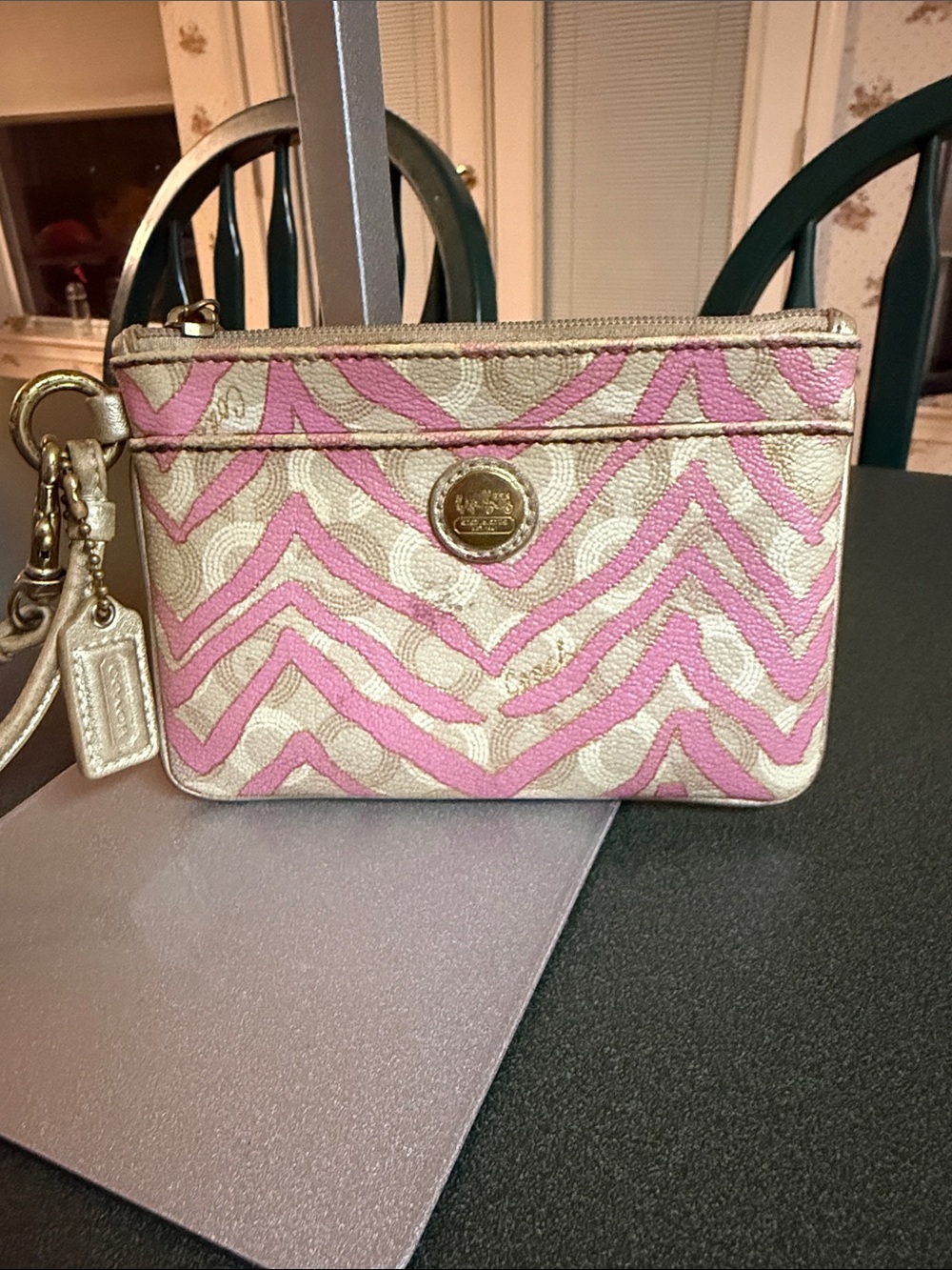 Coach Metallic Gold and Pink Chevron Wristlet